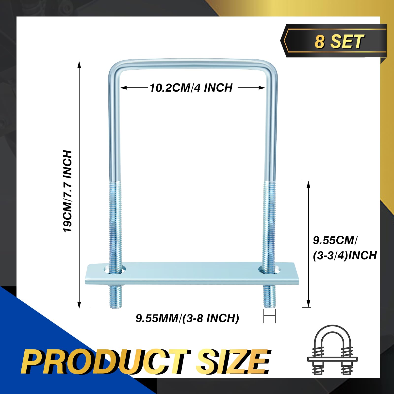 Dunzy 12 bulloni a U quadrati zincati, in acciaio al carbonio resistente, forniture industriali e scientifiche per tubi di rimorchi per barche, oggetti rettangolari in legno e metallo (9,5 x 10,2 x