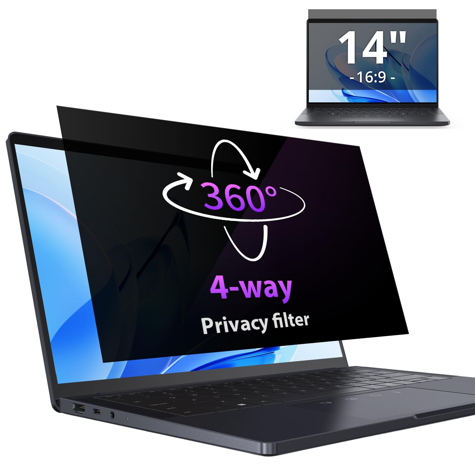 IPROKKO Film de Pprotection D'écran 360° Pour 14 pouces, Rapport D'aspect 16:9, Anti-lumière Bleue, Anti-éblouissement, Filtre de Confidentialité Pour 14 Hp/Dell/Acer/Lenovo/ThinkPad/Asus
