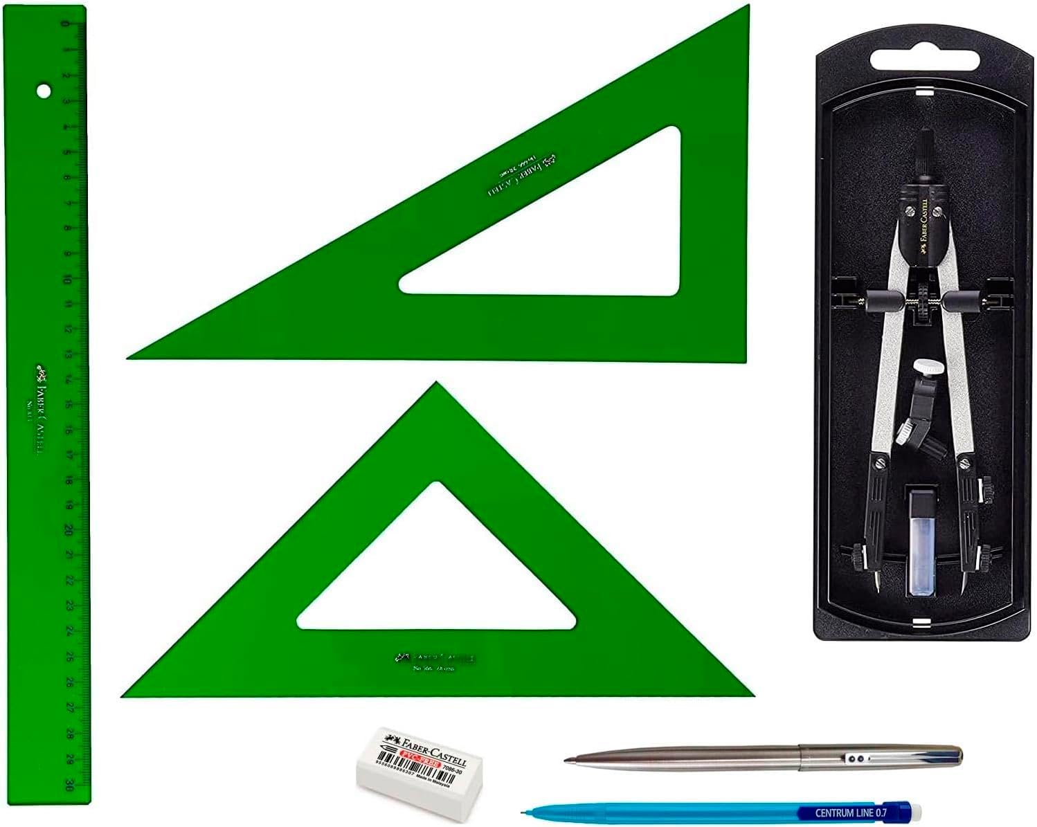PACK LOTE Faber Castell Técnico - Regla 813-30 Cms + Escuadra 566-28 Cms + Cartabón 666-28 Cms + Bigotera Compás con adaptador universal 32722-8 + REGALO