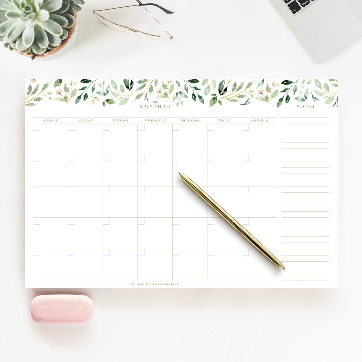 Bliss CollectionsMonthly Planner, Greenery Watercolor, Undated Desk Calendar and Planner for Organizing and Scheduling Tasks, Productivity Tracker, Goals, Notes and to-Do Lists, 12"x18" (18 Sheets)