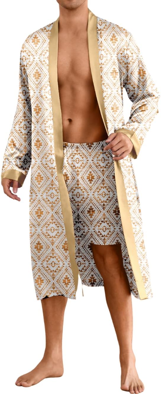 Men's Satin Kimono Robe Set with Shorts, Silk Lightweight Bathrobe with Belt, Luxury Long Sleeve Sleepwear