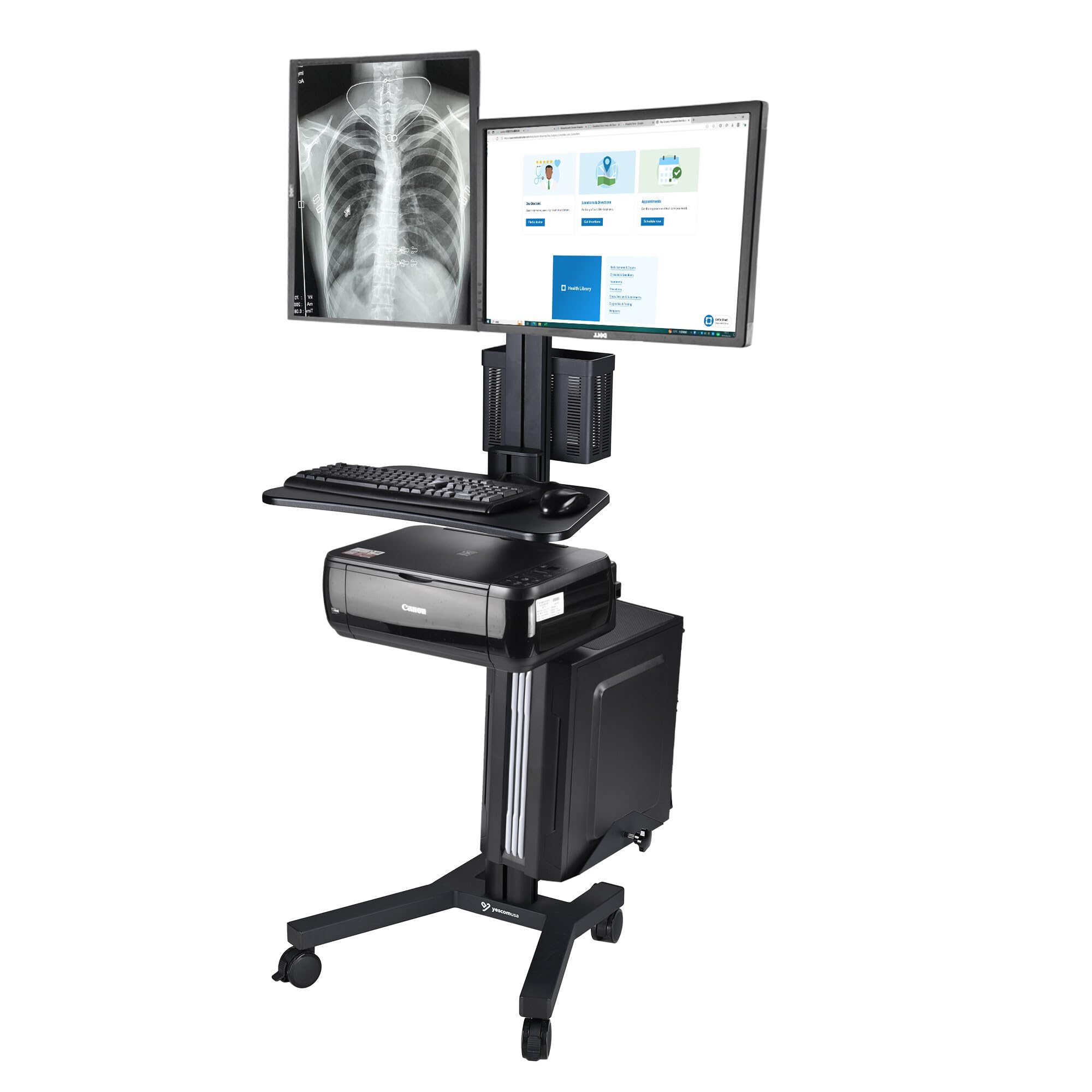 AW Mobile Computer Cart Medical Rolling PC Stand Desk Workstation Dual Monitor Mount with Wheels Adjustable Keyboard Tray CPU Printer Holder for Hospital Clinic School Office Black