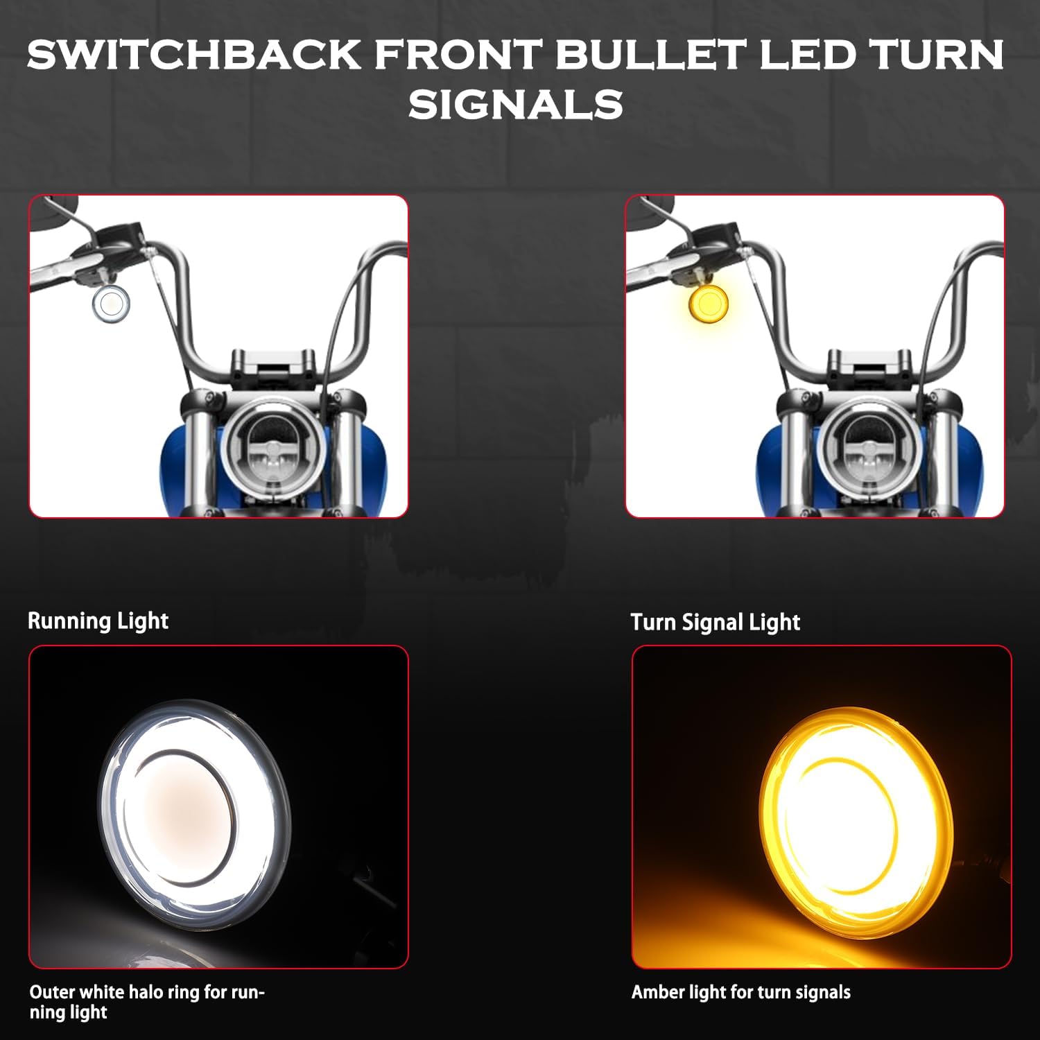 Motorcycle Bullet Front LED Turn Signals Switchback Running Lights Compatible with Harley Dyna Fat Bob Street Bob VLX600 Night Train Sportster