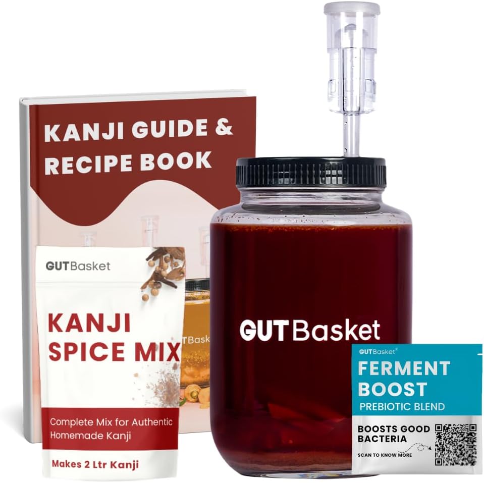 Gutbasket Kanji Jar Kit | 2L Glass Fermentation Jar with Airlock, Kanji Mix, Lid, Recipe Book & Sea Salt | Ferment Authentic Kanji for Immunity & Gut Health