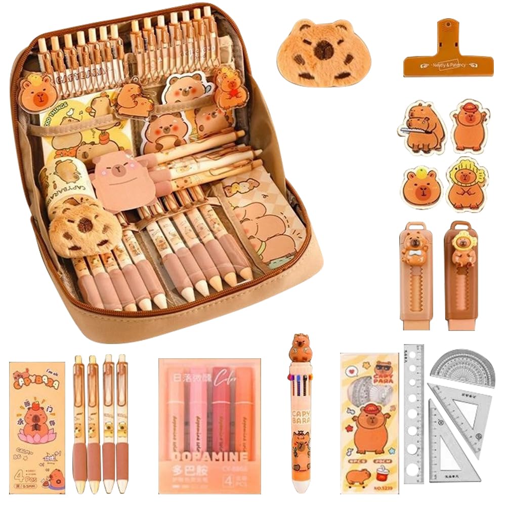 Mineup 18PCS Capybara Stationery Set, Capybara Pencil Case with Ballpoint Pen, Eraser etc, Back to School Supplies, Cute School Stuff Gifts for Boys Girls Kids Students School Office Home