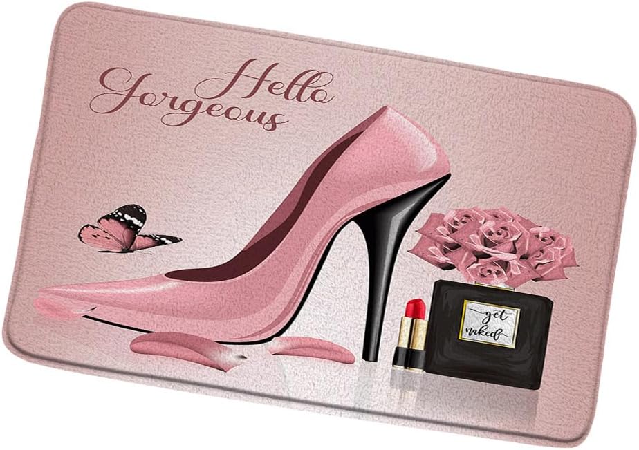Fashion Girl Bath Mat High Heels Perfume Bottle Makeup Black White Stripe Bathroom Rug Rose Flower Lady Lipstick Female Valentine's Day Toilet Bedroom Kitchen Indoor Floor 24X70Inch