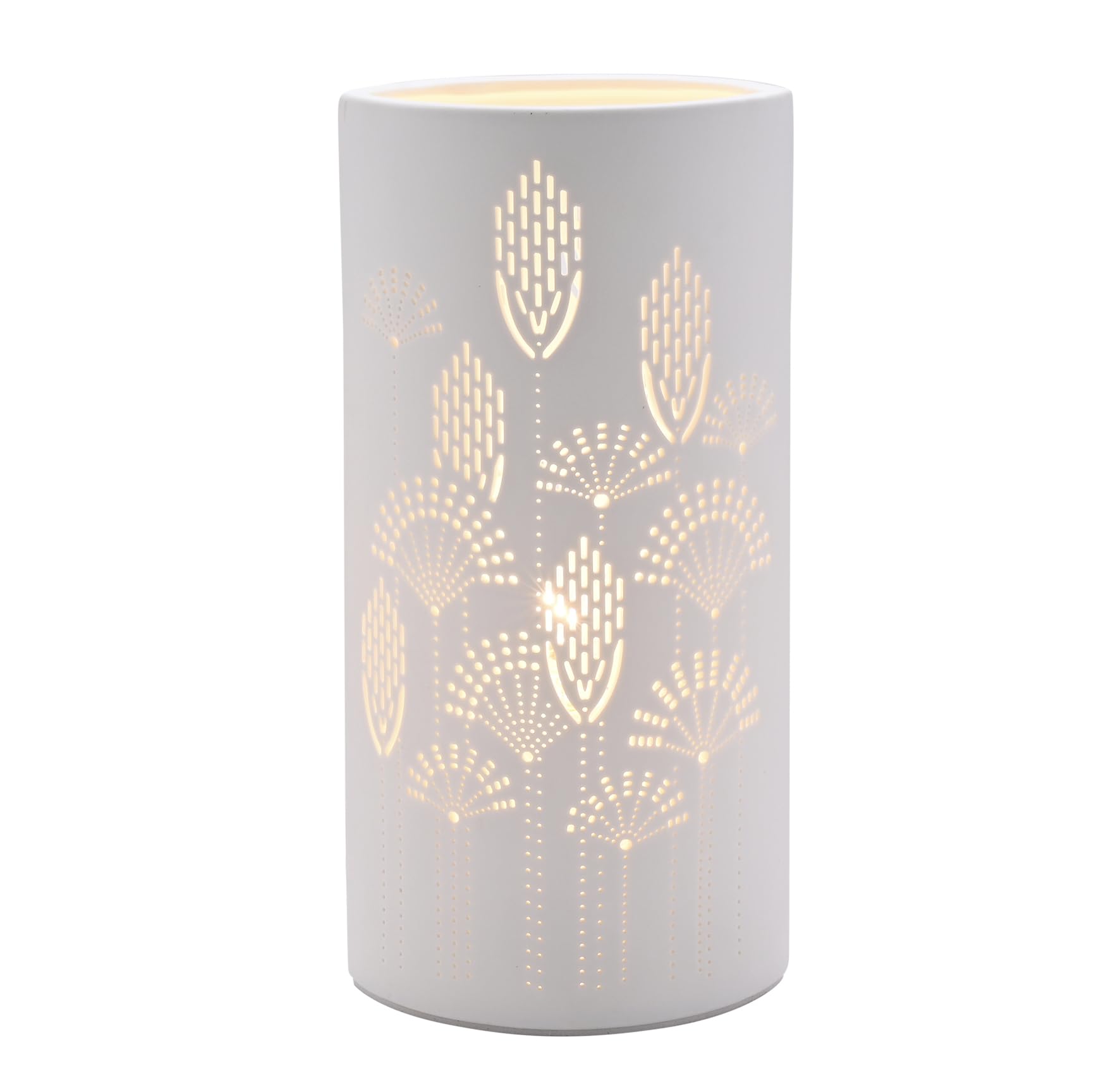 Widdop and Co Hestia - White Ceramic Oval Tall Table Lamp with Perforated Floral Motif - Soft Warm Glow - Contemporary/Modern Homeware & Gifting - Type G UK Plug. H: 25 x W: 12cm.