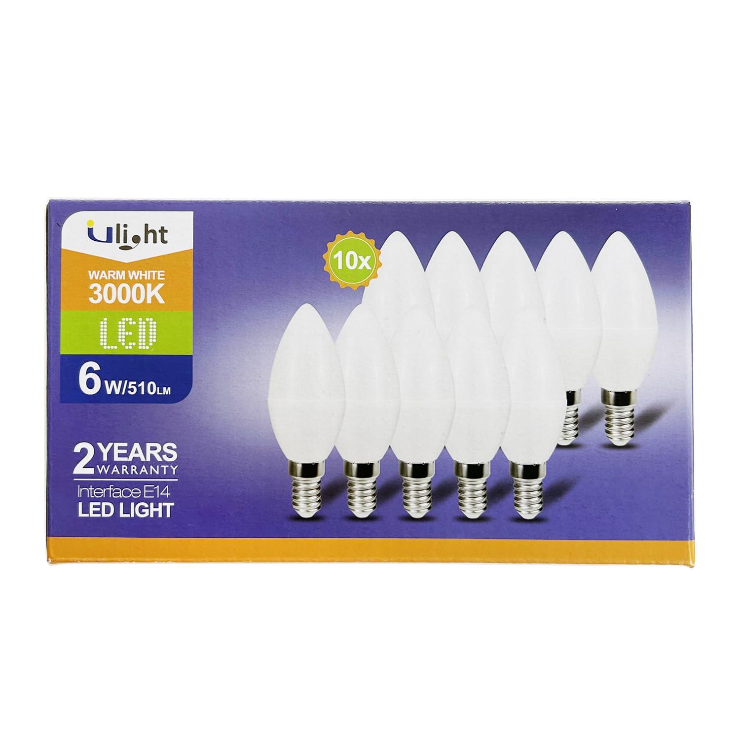 ULIGHT Lampadina LED E14 Oliva, 6W Equivalente a Incandescente da 50W, Luce Bianca Calda 3000K, 510 Lumen, 220V-240V Non Dimmerabile, Fascio Luce 210°, Confezione da 10 Pezzi