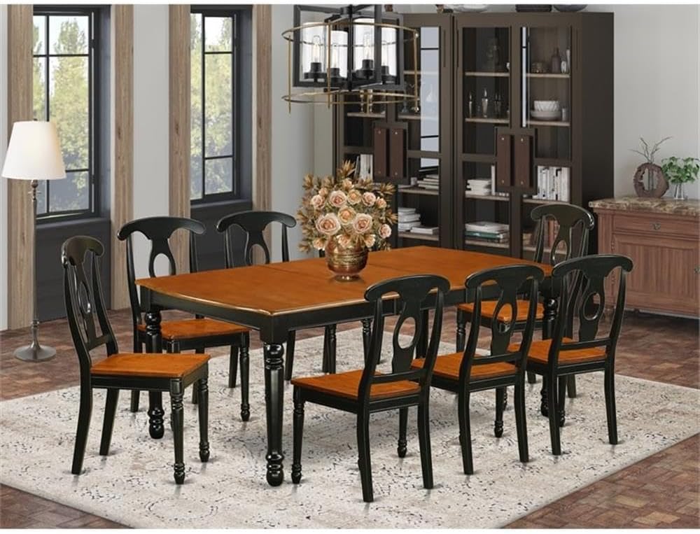 9 Piece Dining Room Set for 8 People, Wooden Self Storage Butterfly Leaf Mid Century Extendable Rectangle Dining Table and 8 Wooden Seat Dining Chairs for Kitchen Dining Room, in Black and Cherry