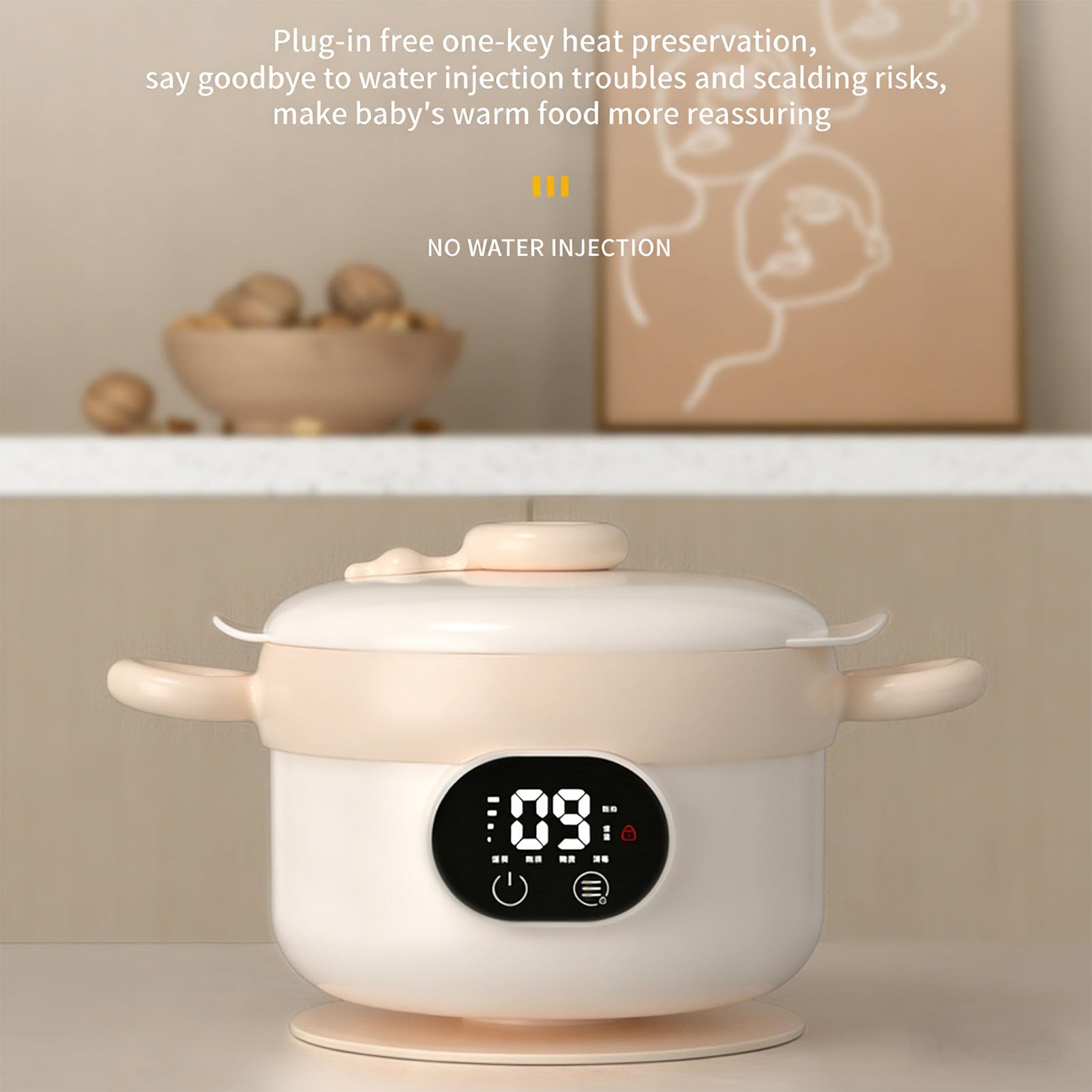 Fockety Calentador de Alimentos, Tarro de Comida Portátil de Acero Inoxidable de 470 Ml, con Aislamiento Eléctrico Inalámbrico y Cuchara y Tenedor para Bebés, Niños Pequeños Niños (De color crema)