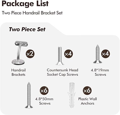 Miniatura 3 de Soporte de barandilla de mano, paquete de 2 accesorios resistentes de acero inoxidable 304 para escaleras de tubería de 1-78 pulgadas (1.902 in),