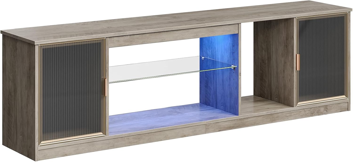 Bestier Washed Gray 70 Inch TV Stand for TVs Up to 80 Inch, RGB LED Entertainment Center with Adjustable Tempered Glass Shelves & Acrylic Translucent Doors, Modern Gaming Media Console for Living Room
