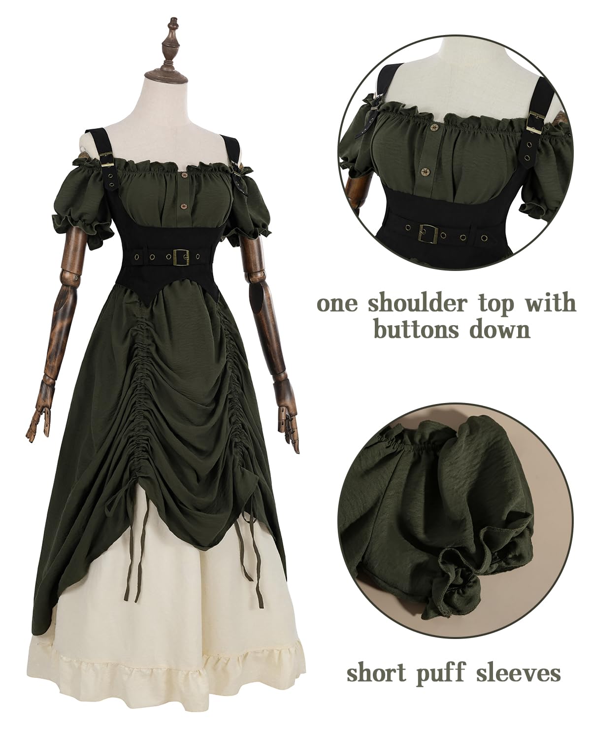 CR ROLECOS Vestido victoriano para mujer, disfraz de estilo steampunk, estilo mediterráneo, hombros descubiertos, vestido asimétrico, 3 piezas, blusa renacentista, falda