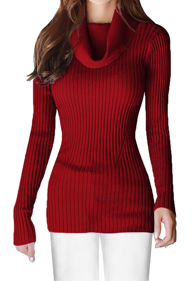 v28 Women Stretchable Cowl Neck Knit Long Sleeve Slim Fit Bodycon Sweater - -