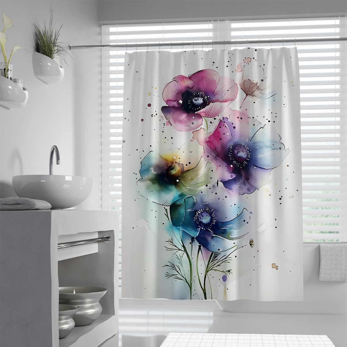 UIRINGART Pastel Anemone Bath Curtain W180xL220cm Artistic Floral Ink Splatter Anti Mould Quick Dry Polyester Fabric Washable Shower Curtain