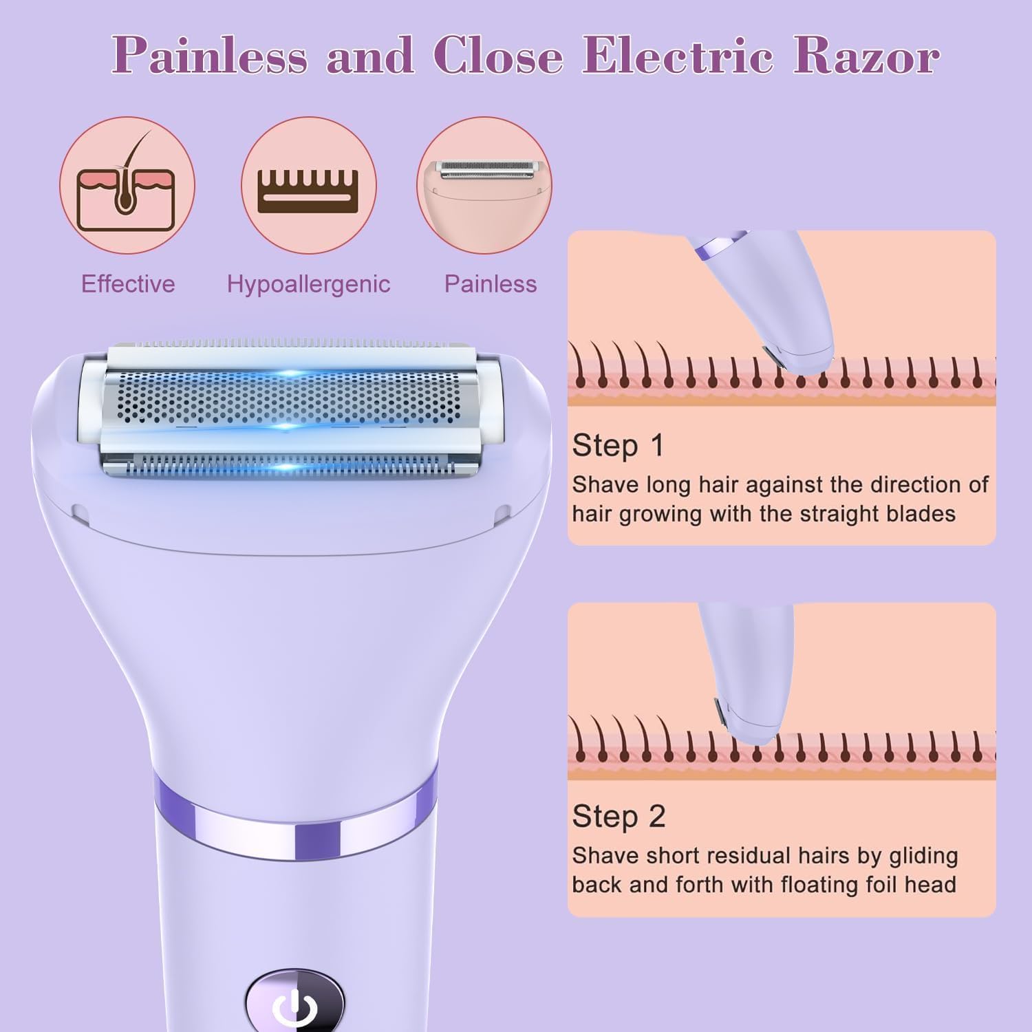Damenrasierer für Gesicht, Achseln, Beine, Arme & Bikinizone Rasierer Elektrorasierer für Frauen Körpertrimmer Intimrasierer Bikini-Trimmer für Frauen IPX7 Wasserdicht Nass/Trocken LCD-Display Lila