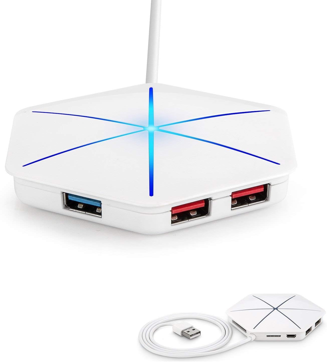 [V2] TekHome 6 Port USB Hub 3.0, Micro SD Card, TF Card, Super Data Transfer Speed, Supports External Power Source, Cool LED Breathing Light, 2.3 Feet Cable, White.
