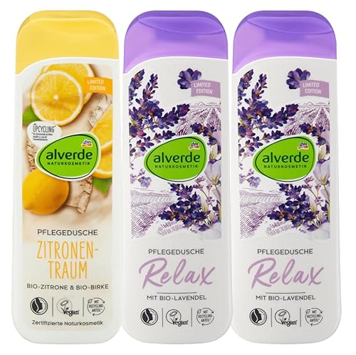 alverde NATURKOSMETIK 3er-Set Körperpflege: Duschgel ZITRONENTRAUM pH-hautneutral, sommerlich erfrischender Citrus-Duft, 250 ml + Pflegedusche RELAX pure Entspannung mit Lavendel, 2 x 250 ml (750 ml)