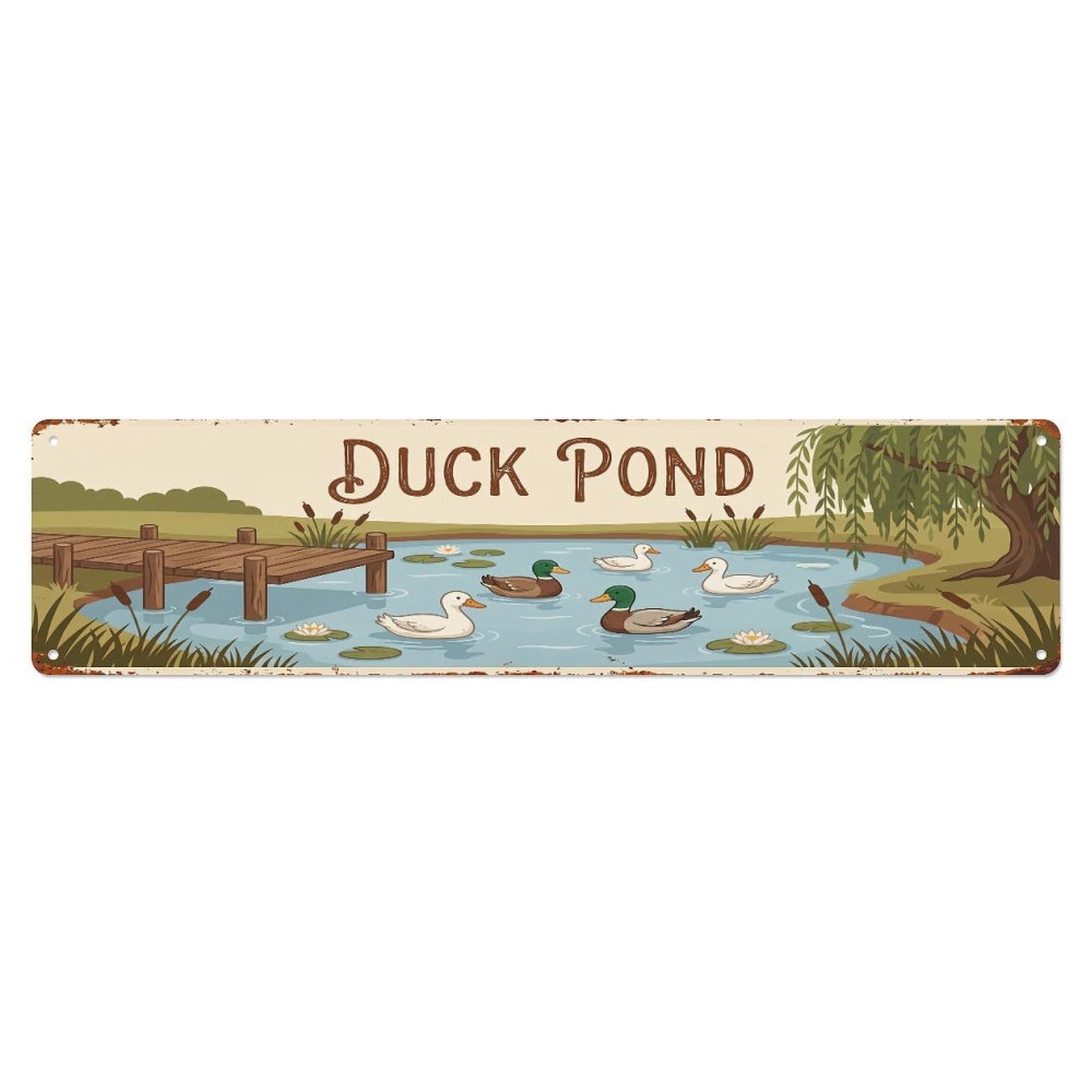 Vintage Duck Farm Scene Duck Pond Metal Tin Sign