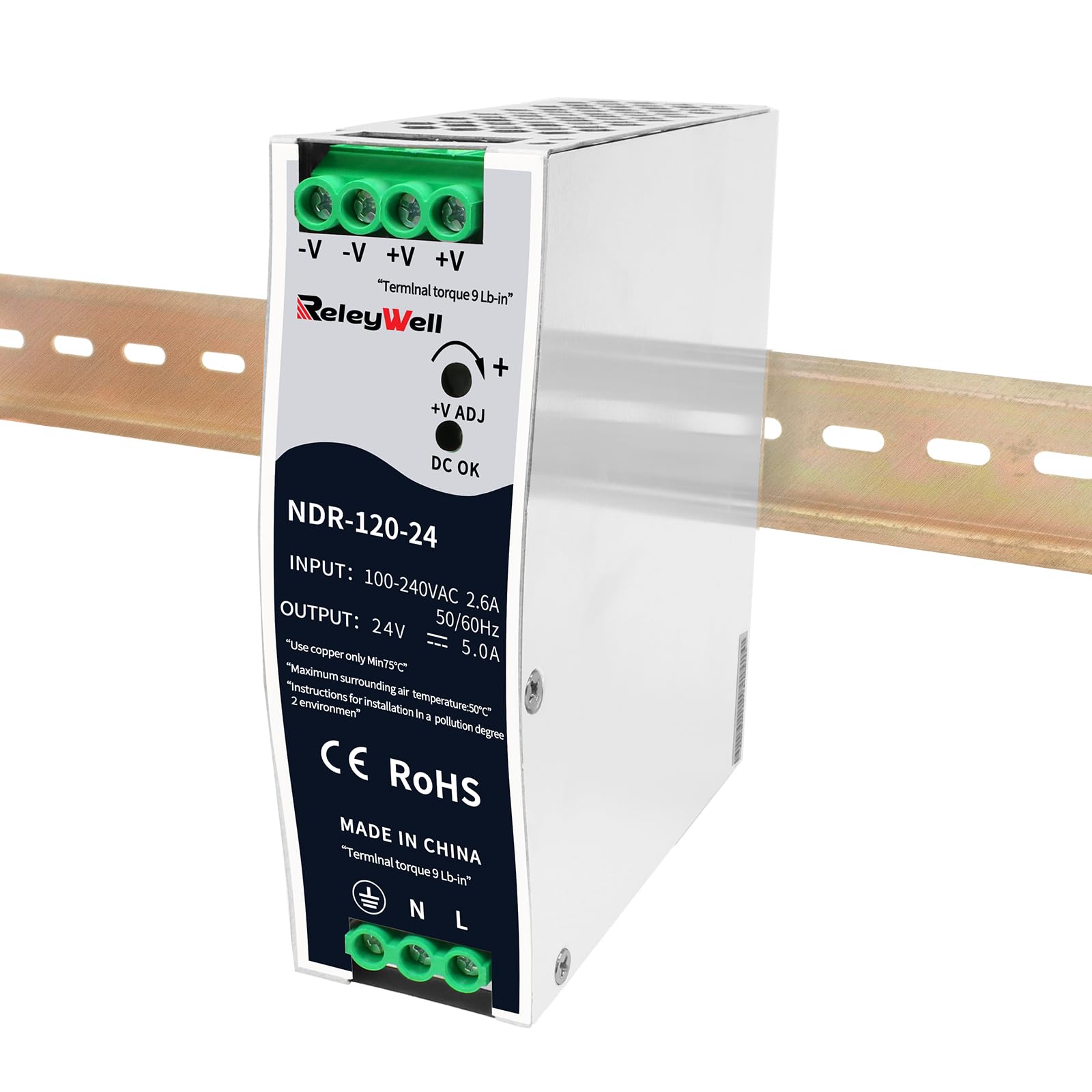 Hutschienen netzteil 24V, 120W, 5A; trafo 230V auf 24v, hutschiene, 24 VDC, 24 volt netztei, 24v dc trafo, din schiene, ReleyWell, NDR-120-24