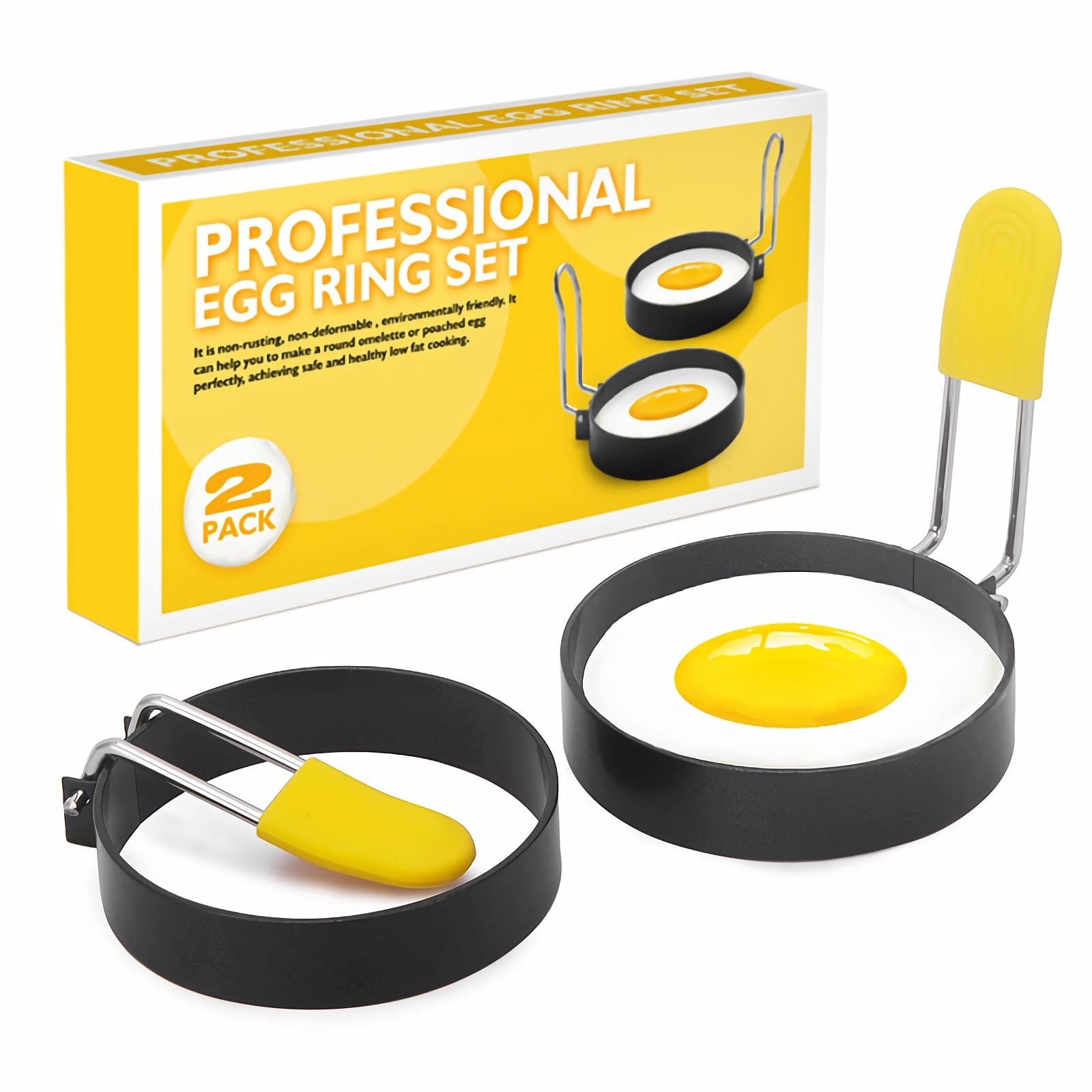 Eidyer Egg Rings for Frying, 2 Pack, Non Stick Fried Egg Mould with Anti-Scald Folding Handle, Poached Egg Maker, for Pancakes, Mcmuffin, Omelettes, Crumpets, Mini Burger, Easy to Use