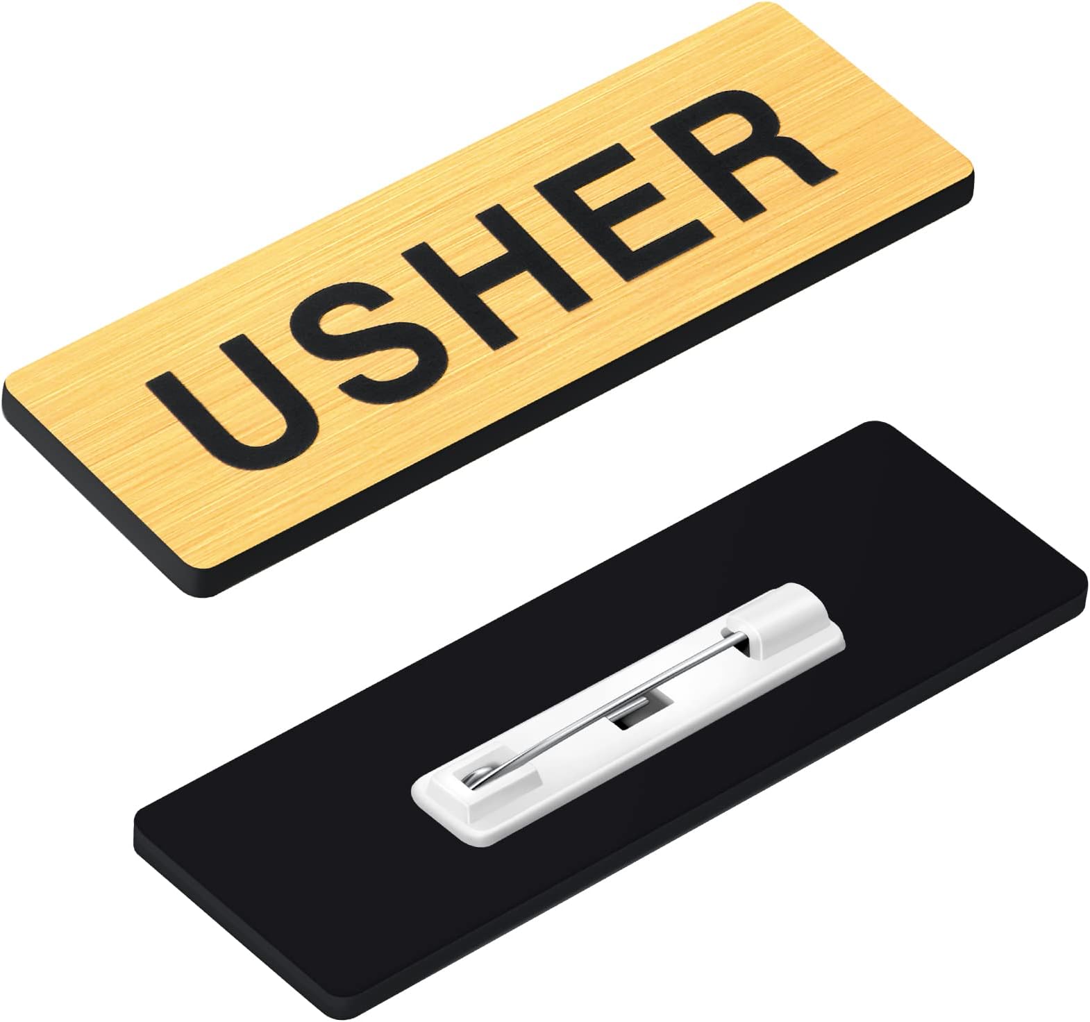 Sabary 30 Pack Usher Badges for Church, Round Corner Acrylic Usher Name Tags with Pins for Uniform Clothes Church Gatherings, 1 x 3 Inch(Black, Gold)