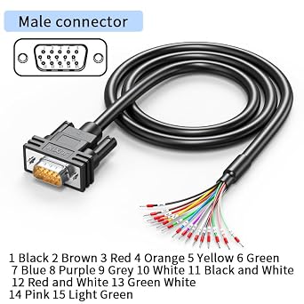 HDB15 Male to Bare Wire Cable 5FT, D-Sub 15 Pin RS232 Serial Extension with Cable Marker, Double Shielded for CNC, Server, Automation Equipment