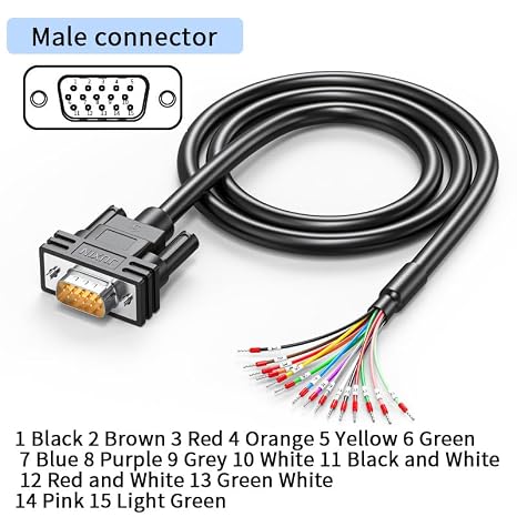 HDB15 Male to Bare Wire Cable 5FT, D-Sub 15 Pin RS232 Serial Extension with Cable Marker, Double Shielded for CNC, Server, Automation Equipment