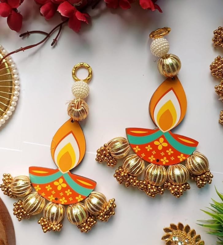 Image of Diya Hanging,Pair of 2, 10 Inch | Door Garlands for Main Door|Shubh Labh Hanging | Mandir & Temple Decor | Diwali & Pooja Decoration | Home Mandir & Pooja Room Decoration Items