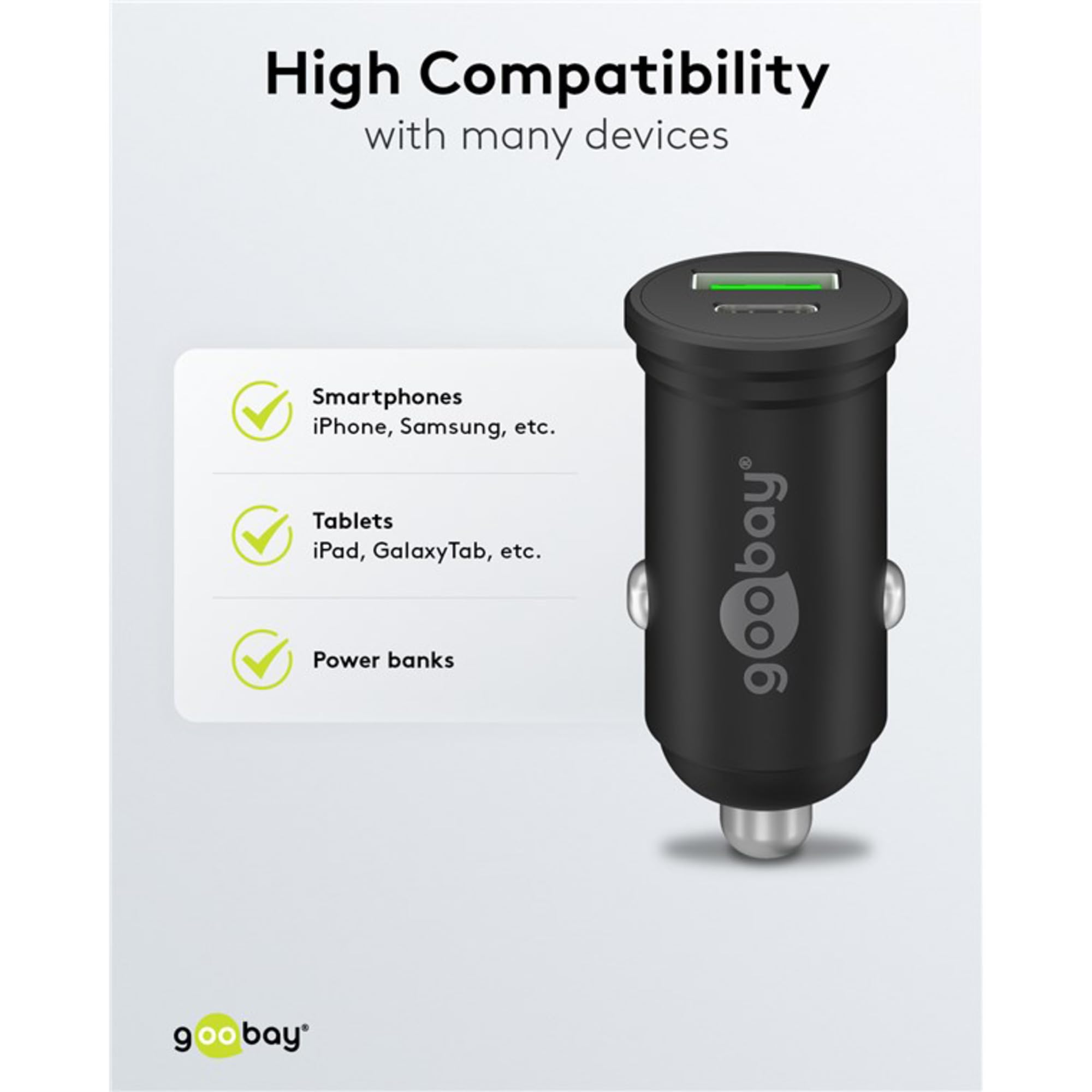 Goobay 61739 - Caricabatteria da auto Dual USB, ricarica rapida, USB 3.0 e USB-C/adattatore accendisigari per auto con erogazione di potenza 45 W a 12-24 V