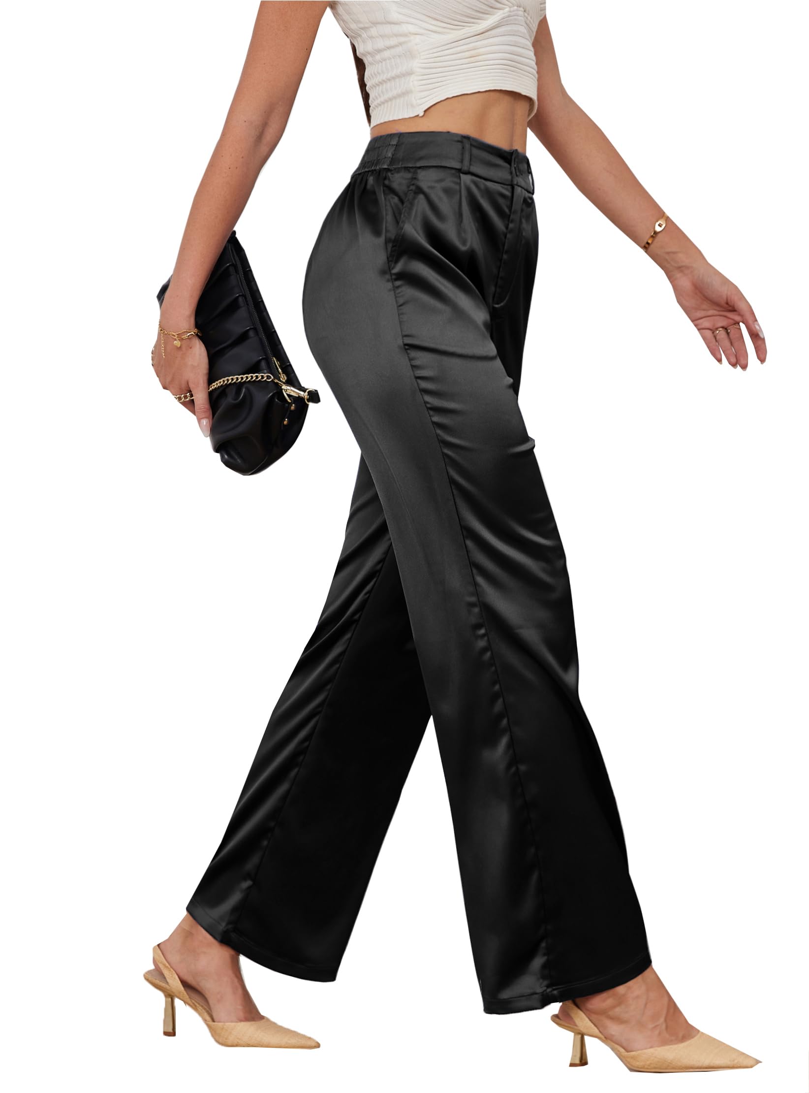 zsangbee Womens Satin Wide Leg Pants High Waisted Work Pants Party Dress Trouser Casual Slacks