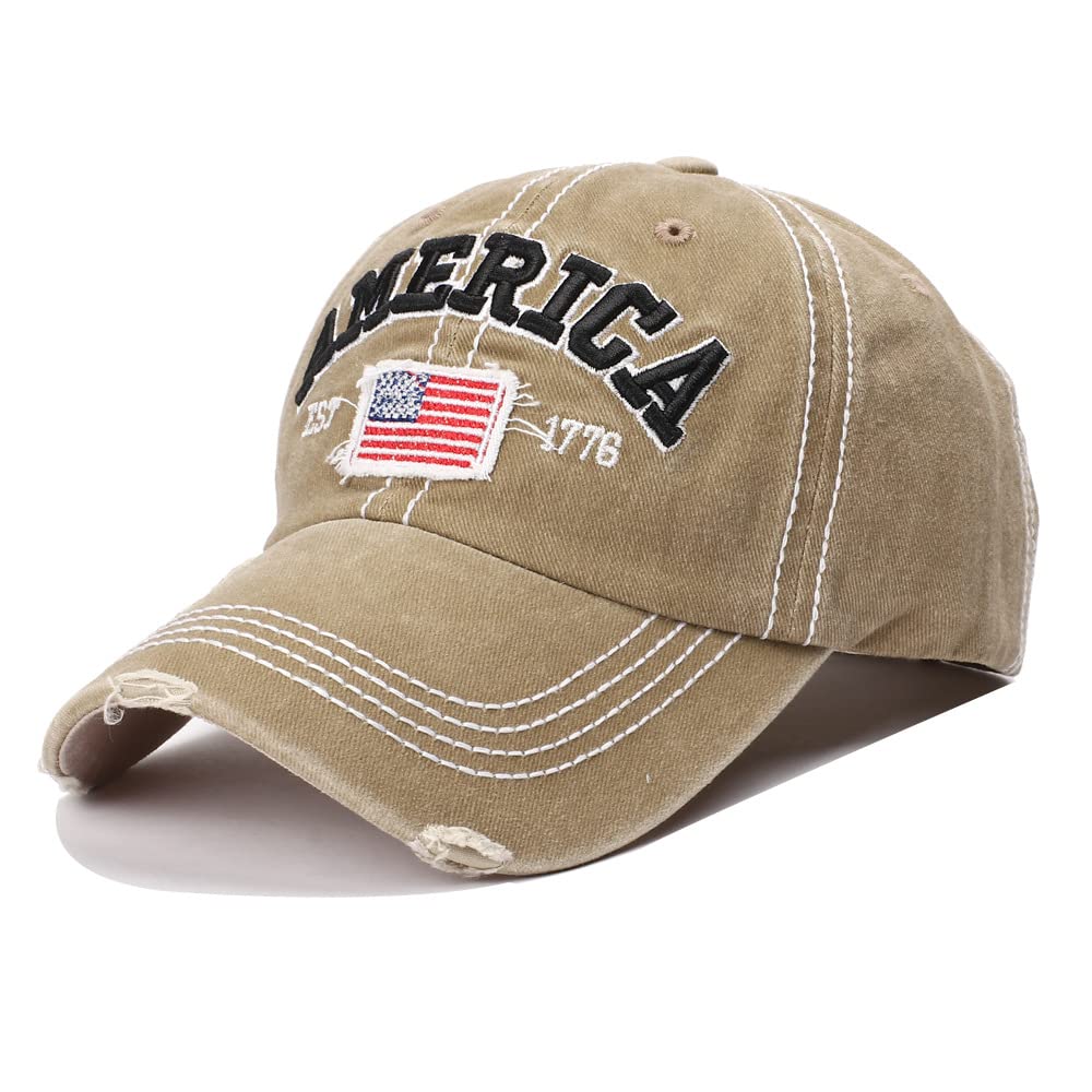 FyonAmerica USA Eagles Flag Est 1776 Cap Hat-Breathable Ball Cap Baseball Cap Adjustable Size for Men and Women Embroidered (Khaki)