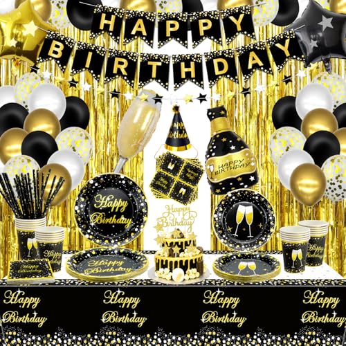 XJLANTTE 163 PCS Black and Gold Party Decorations - Balloon, Birthday Banner, Garland, Fringe Curtain, Plates, Napkins, Cups Tablecloth for Men Women Supplies, Serves 20 Guest