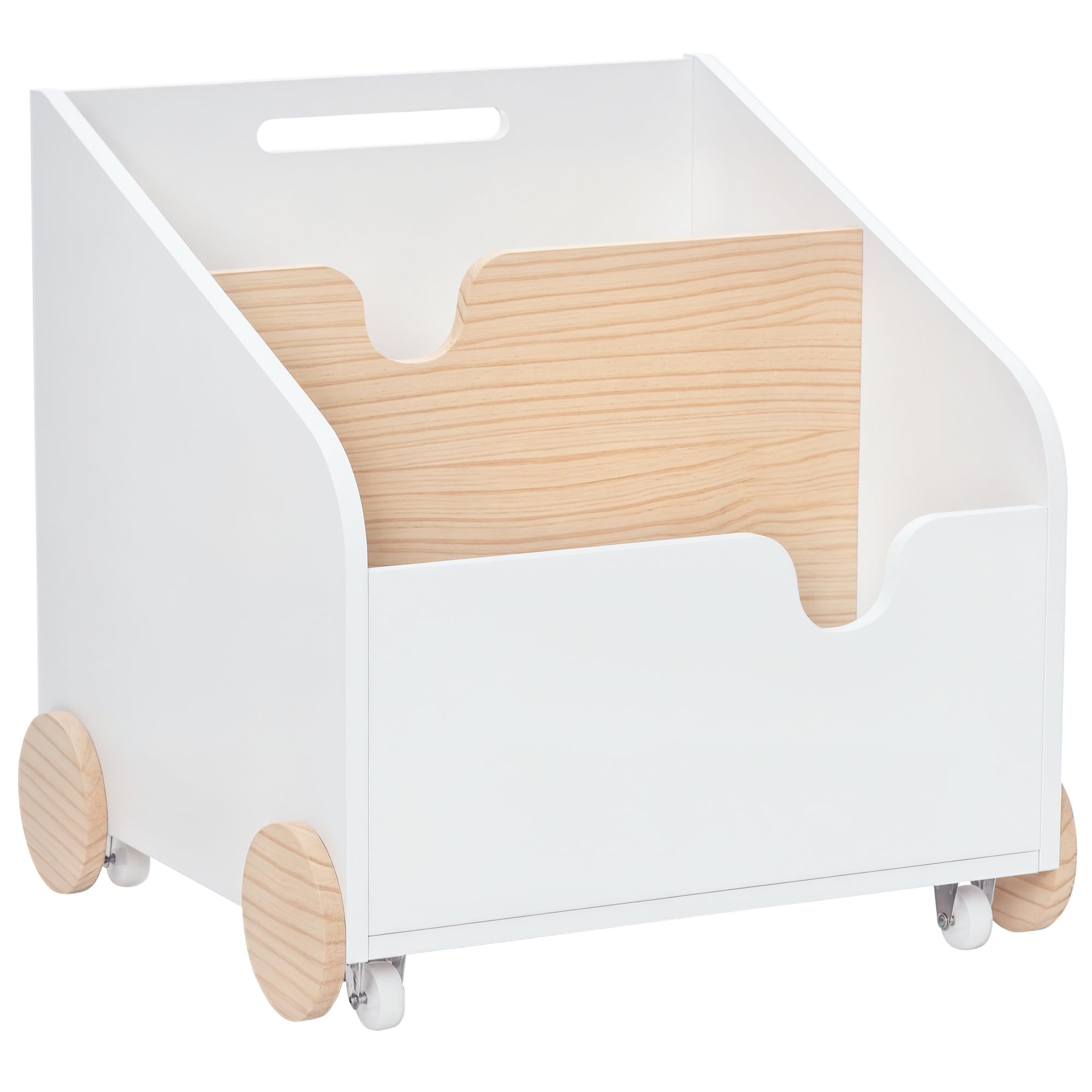 HOMCOM Caja de Almacenamiento de Madera para Juguetes 2 Secciones con Ruedas Asa Librería Infantil con Ruedas para Habitación de Niños 40x43x43 cm Blanco y Natural