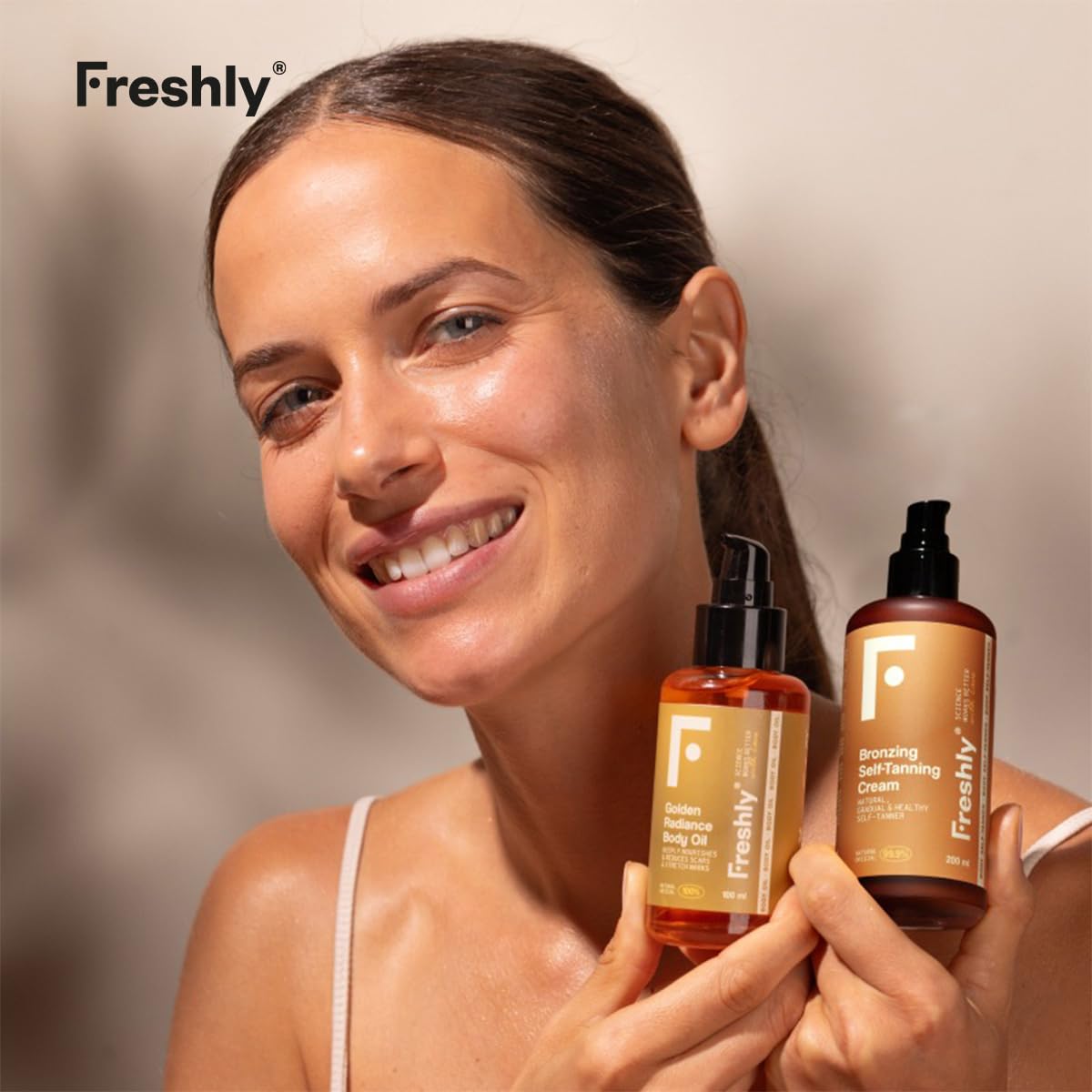 Freshly Cosmetics | Golden Bronze Body Pack | Autoabbronzante Corpo e Olio Nutriente | Pack Olio + Crema 100ml + 200ml | Abbronzatura Naturale Progressiva per Pelle Luminosa