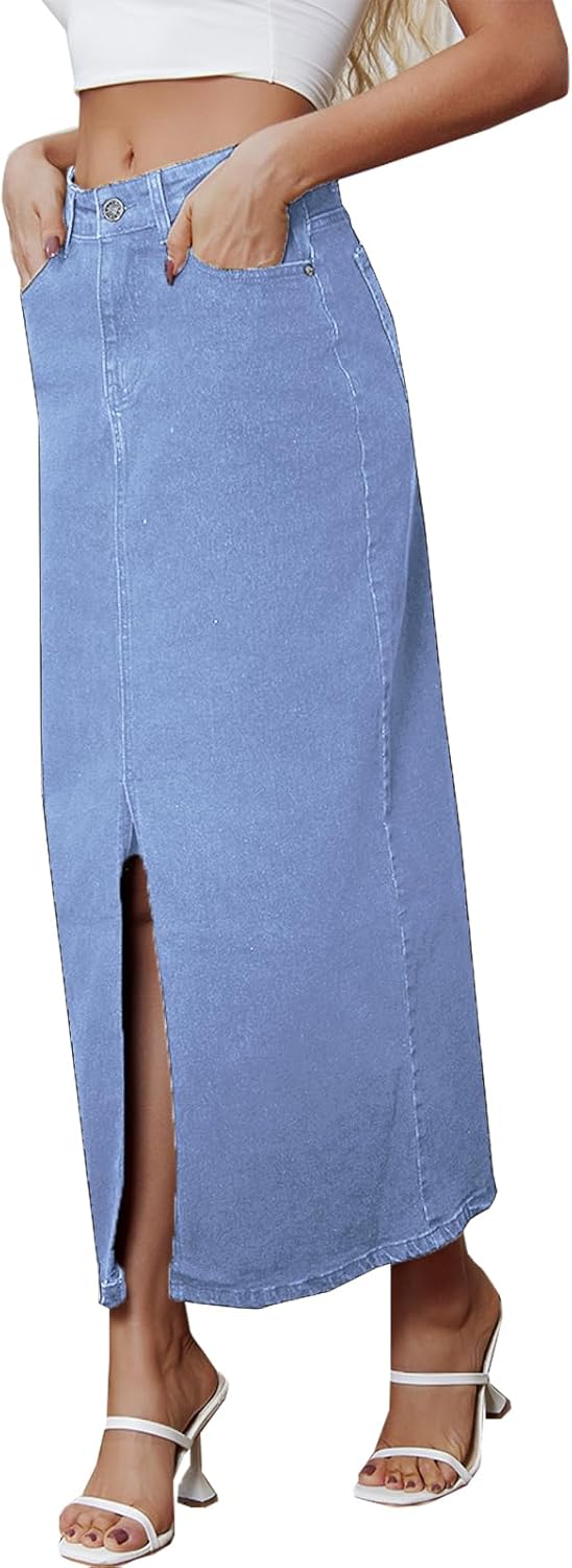 Denim Skirt for Women Midi Jeans Skirt A Line Slit Below The Knee Long Skirt - Image 4