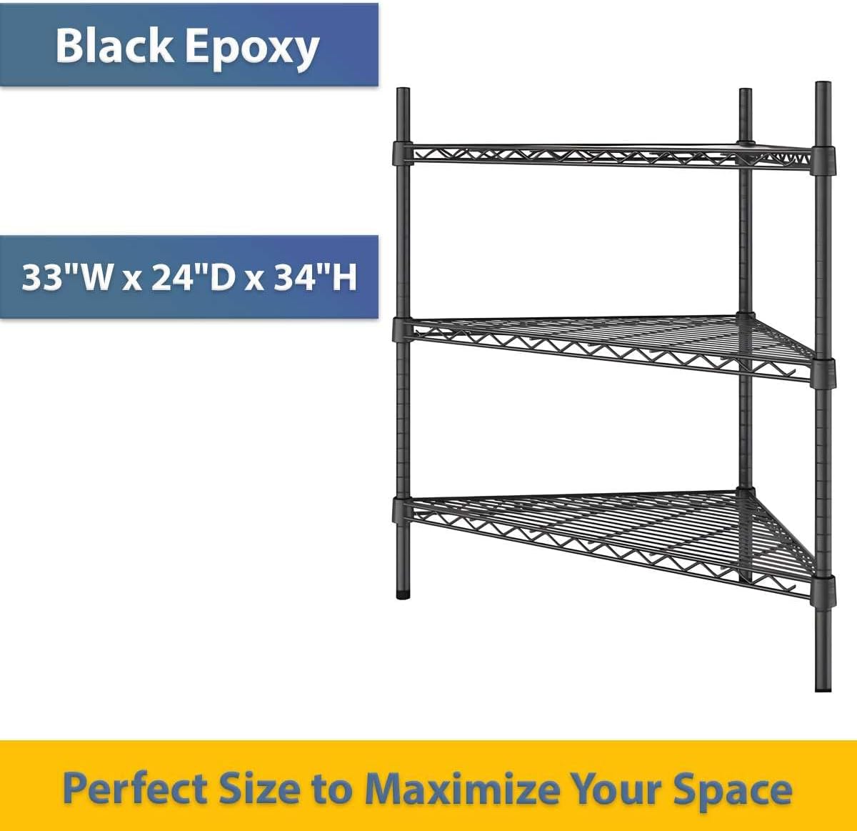 33" W x 24" D x 34" H NSF Black Triangle Heavy Duty Corner Shelving Kit, 3-Shelf Adjustable Wire Rack