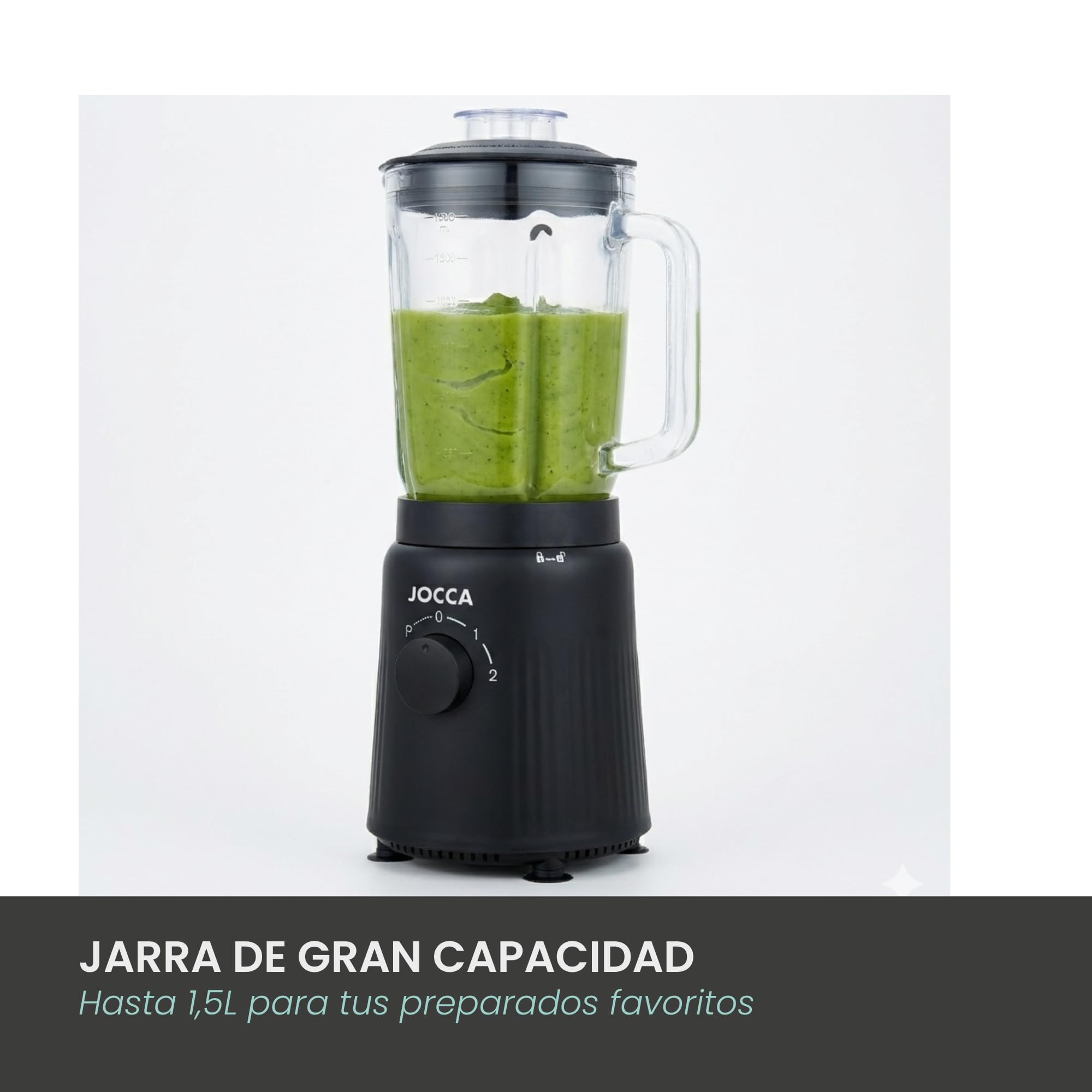 JOCCA - Batidora de Vaso con Jarra de Cristal 1,5L, 2 Velocidades + Pulse, Cuchillas de Acero Inoxidable, Sistema de Seguridad, Negro Mate, 1000W
