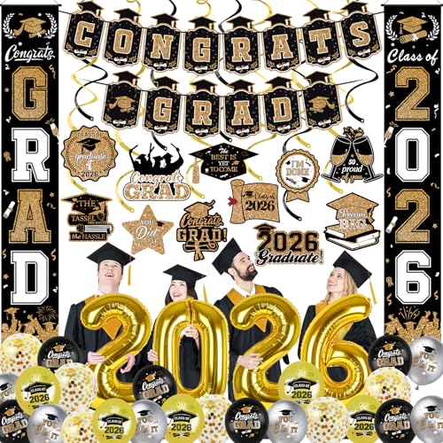 38Pcs Black and Gold 2026 Graduation Decorations Set - Congrats Grad Banner, Grad Hanging Swirls, 2026 Porch Banner and Foil Balloons for 2026 Graduation Party Decorations Black and Gold