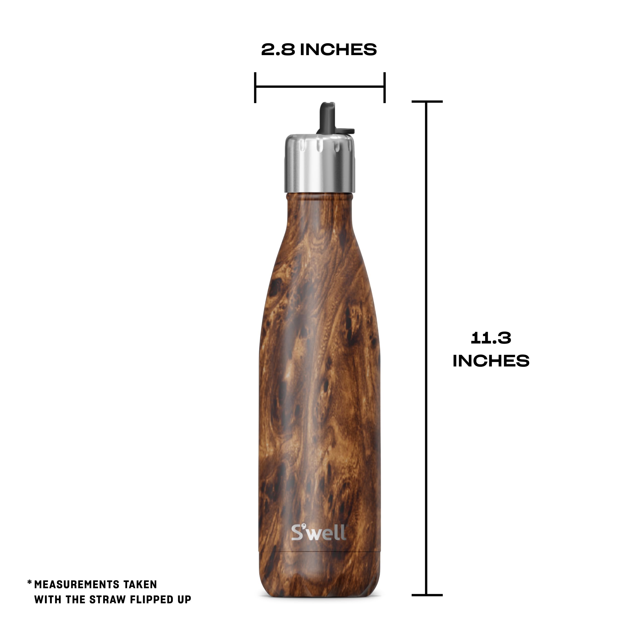S'well Botella de agua de acero inoxidable con tapa abatible de 17 onzas líquidas de madera de teca de triple capa aislada al vacío que mantiene las bebidas frías durante 36 horas y calientes durante