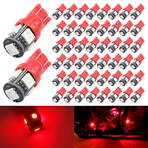 BOODLED 50-Pack 194 192 Red LED Bulb 12V,120LM 6000k Car Interior and Exterior T10 5SMD 5050 Chips Replacement For W5W 168 2825 Map Dome Courtesy License Plate Side Marker Light (50xH-T10-5050-5-R)