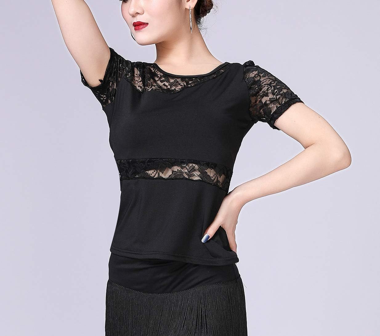 Whitewed Womens Short Sleeve Lace Ballroom Latin Practice Shirts Costumes Tops