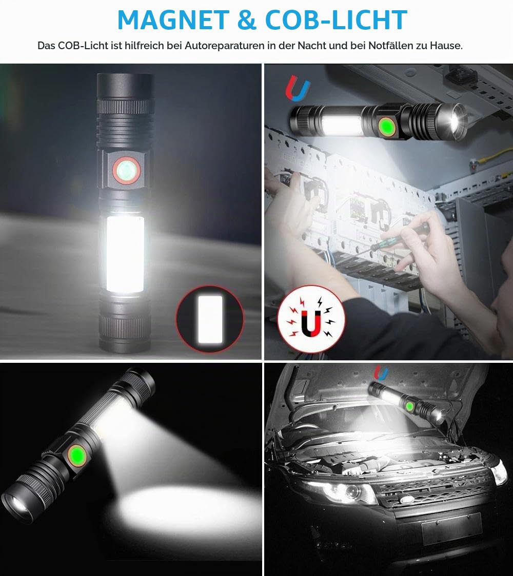 Karrong Taschenlampe LED Aufladbar mit Magnet COB Seitenlicht Zoombar, Extrem Hell 3000 Lumen USB Taschenlampen Batteriebetrieben Wasserdicht, 4 Modi für Outdoor Wandern Camping Notfall, braun