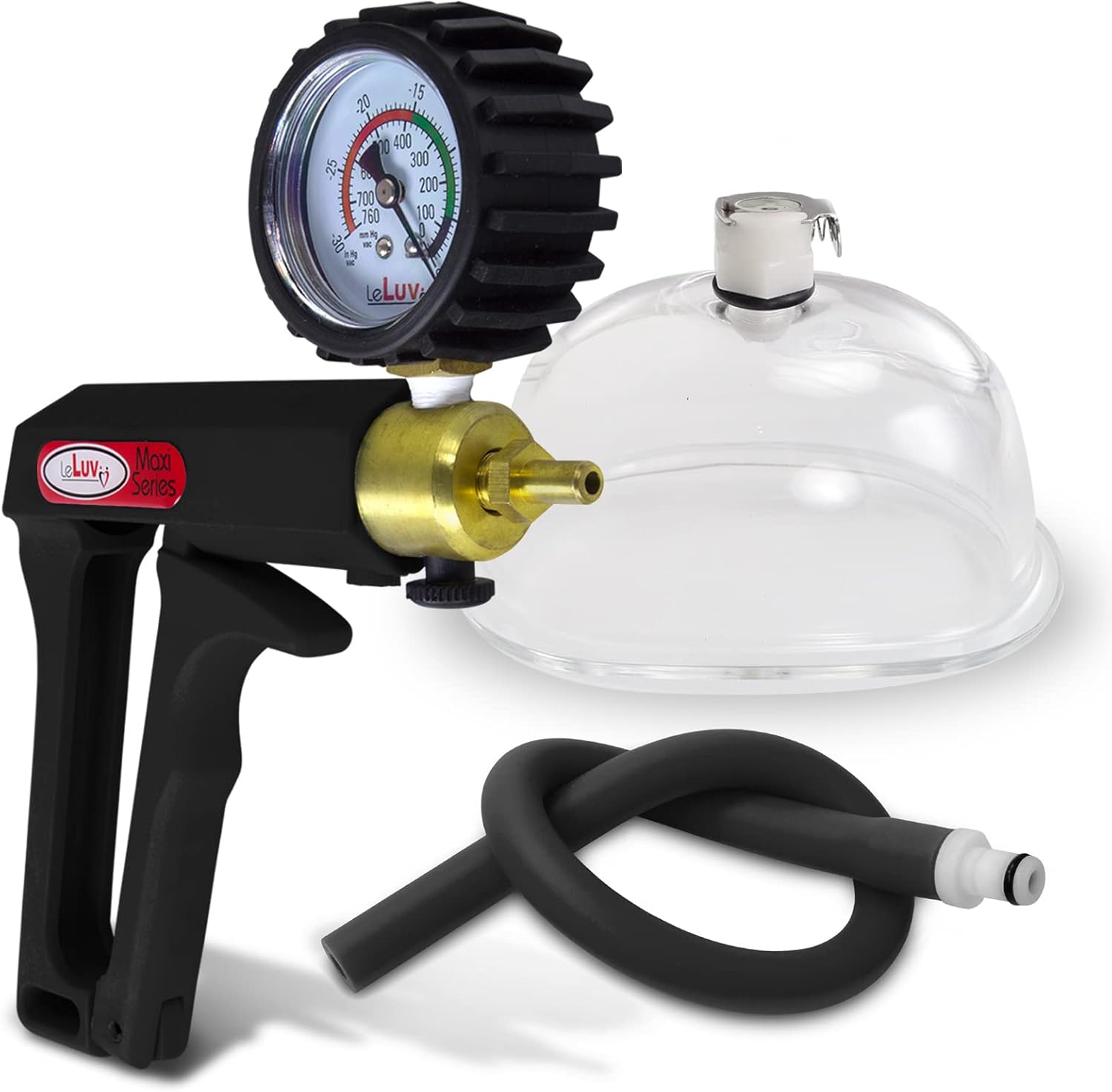LeLuv Maxi Female Cup Vacuum Pump - Black Lightweight Handle with Protected Gauge Plus Uncollapsible Premium Silicone Hose, Quick-Disconnect Fittings