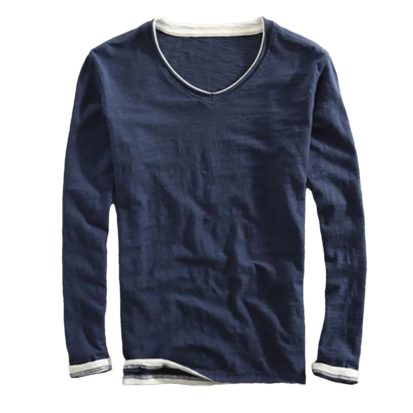 Maglietta da uomo in stile vintage con scollo a V, a maniche lunghe, look a strati, leggera, traspirante, traspirante