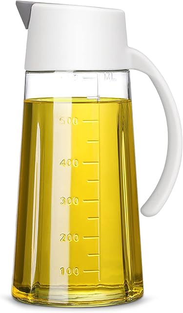 Oil Dispenser 650 ml Auto Flip Olive Oil Glass Bottle Glass Oil Pots with Non-Slip Handle Non-Drip Spout for Kitchen Cooking and BBQ(White)