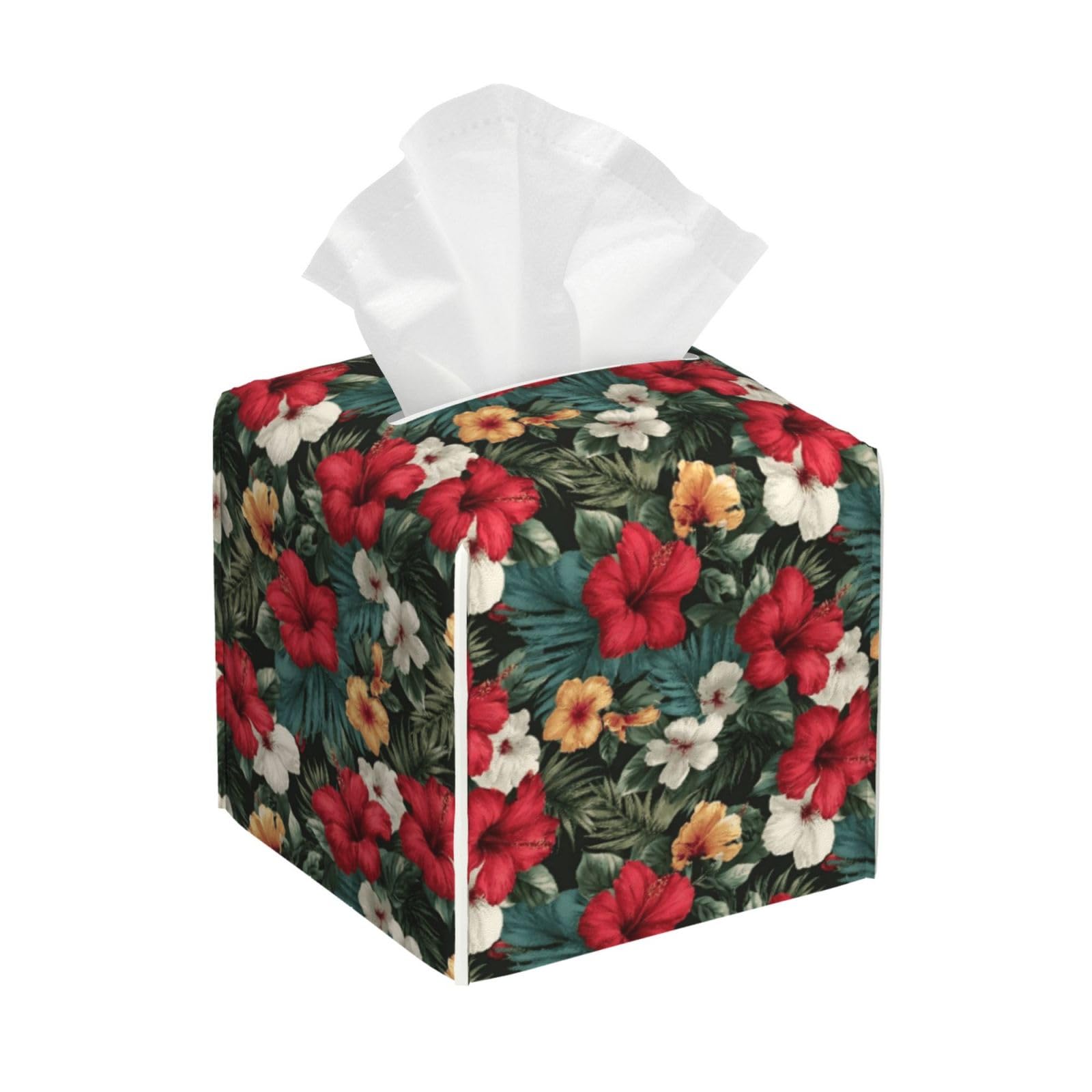 Tropical Red Hibiscus Leaves Print Tissue Box Cover Holder Square, Foldable Modern Cube Tissue Box Cover, Leather Decorative Organizer for Tabletop Bathroom Car Office Desk Decor