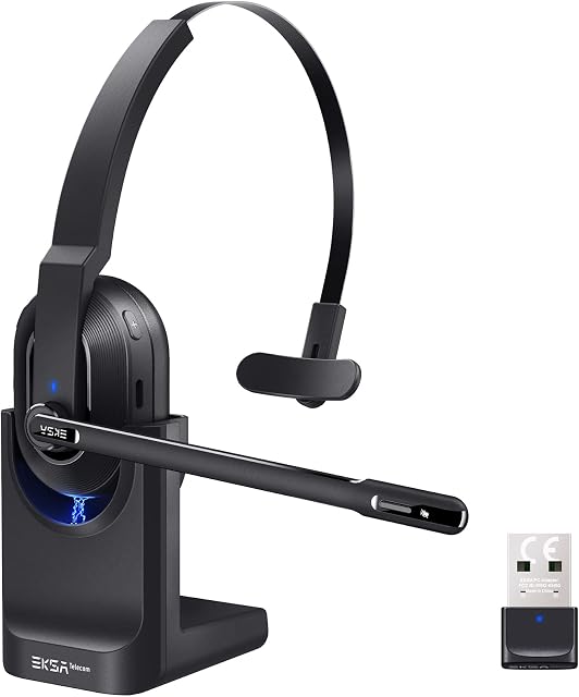 EKSA H5 Bluetooth Headset with Microphone AI-Powered ENC, Wireless PC Headsets with USB Dongle [45Hrs playtime & 10M range] & Fast Charging Dock, Over Ear Computer Headsets for Laptop/Office/Teams