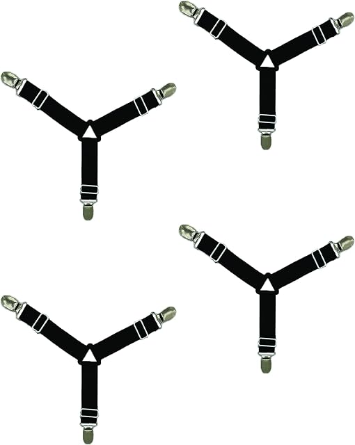 Galvog® Pack of 4 Bed Sheet Fastener Clips ǀ Mattress Cover Straps Grippers Holders Keep Your Bed Sheet Stay in Place ǀ Elastic Adjustable Fitted Sheet Clips Suspenders Suitable for All Bed Types
