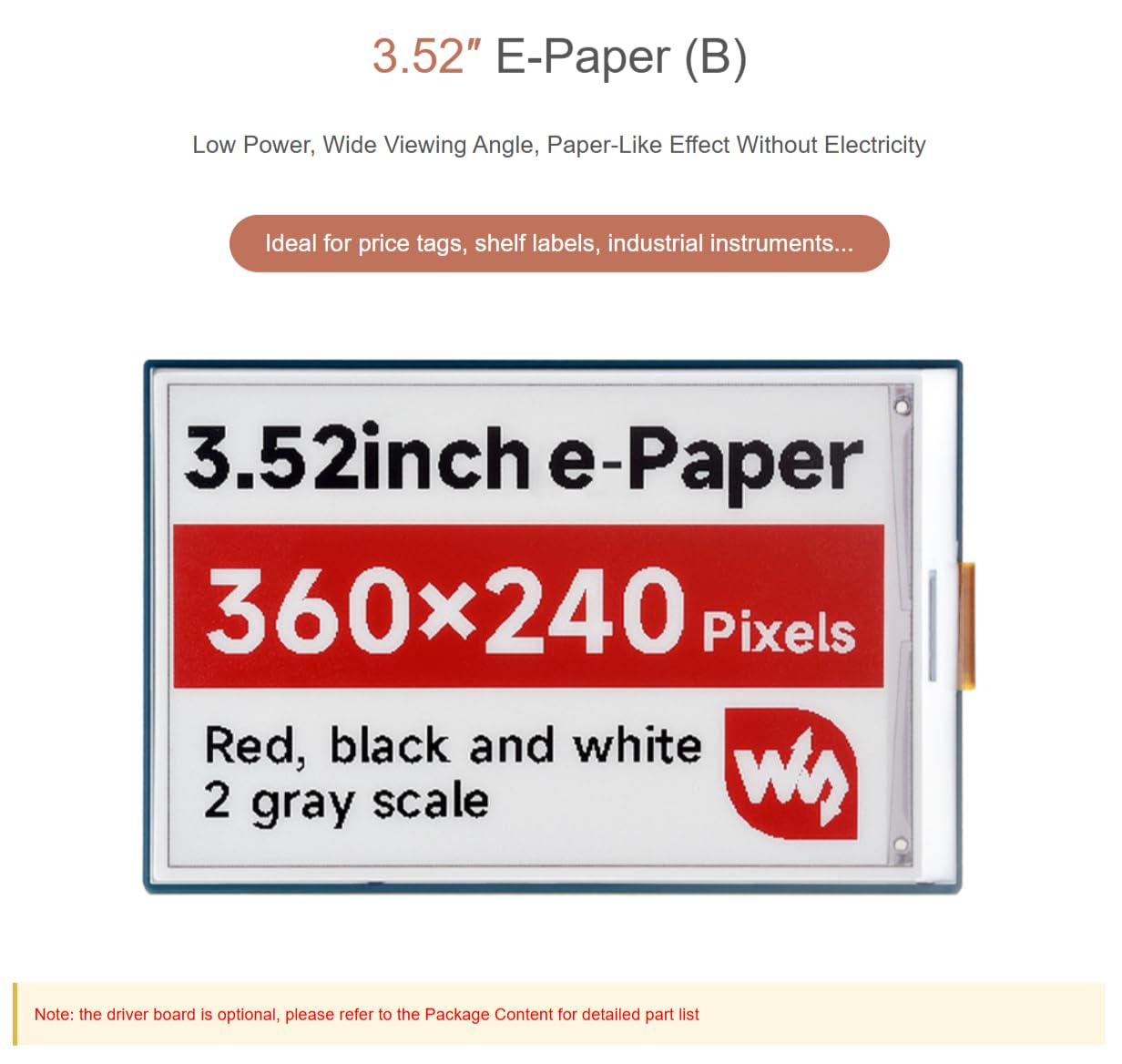 TUOPUONE 3.52inch E-Paper Display (B) E-Ink Display 360x240 Red/Black/White Color SPI Interface